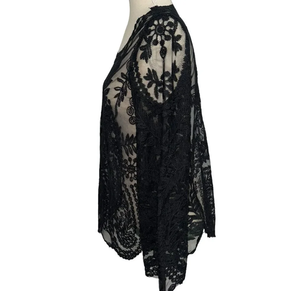 Simaier Solid Black Long Sleeve Sheer Round Neck Lace Floral Swim Coverup size M